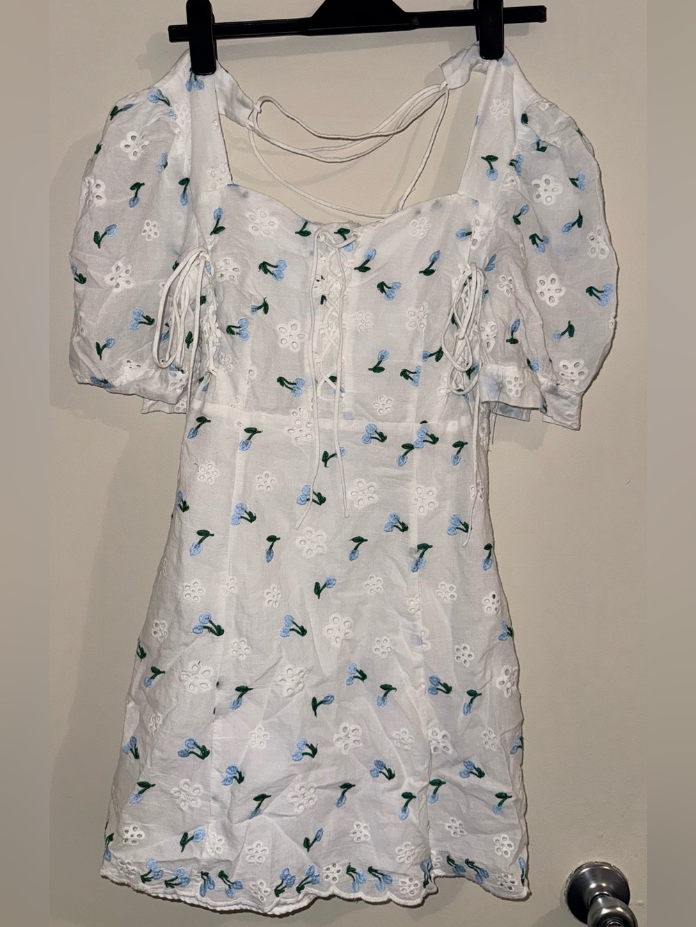 White Eyelet Tunic with Blue Floral Embroidery and Puff Sleeves